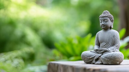 Aufkleber - Serene gray buddha statue meditating outdoors in a peaceful green garden setting, conveying tranquility and spiritual peace. : Generative AI