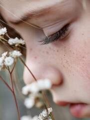 Poster - Close-up portrait of a girl with freckles, gently smelling white flowers, soft light illuminating her face and eyelashes. : Generative AI