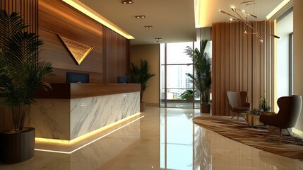 Poster - A contemporary hotel reception area with modern decor, featuring a stylish front desk and plenty of comfortable seating for guests to relax in while waiting to check in.