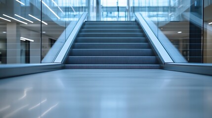 Poster - Modern escalator stairs in a glass-walled contemporary building, showcasing sleek metallic handrails and a polished floor. : Generative AI