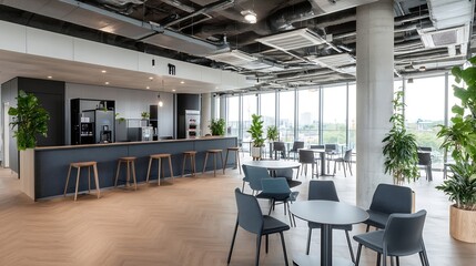 Leinwandbilder - Modern office breakroom with herringbone flooring, dark gray bar, and comfortable seating near large windows offering city views. : Generative AI