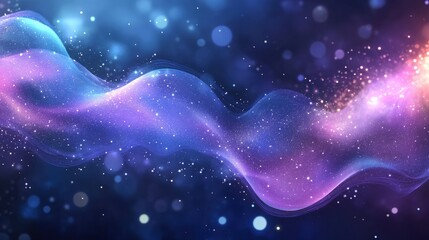Poster - A cosmic-inspired fluid background with deep space blues, purples, and shimmering silver flecks resembling distant stars.