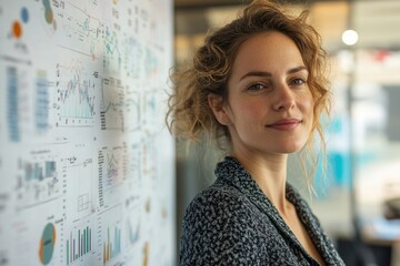Aufkleber - A confident businesswoman stands near a whiteboard filled with charts and graphs, showcasing her analytical skills and business acumen.