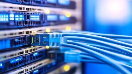 Fototapete - Close-up of network cables plugged into server rack, showcasing data center technology and connectivity infrastructure.  Blue cables and glowing lights highlight the high-speed network : Generative AI