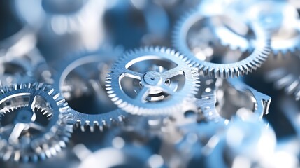 Poster - Close-up view of intricate silver gears, showcasing precision engineering and complex mechanics.  The metallic texture and blue tones create a sophisticated, industrial aesthetic. : Generative AI