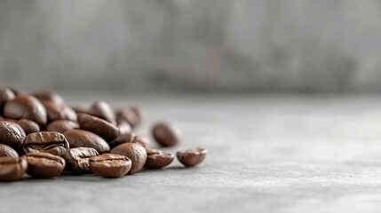 Aufkleber - Close-up of roasted coffee beans scattered on a gray surface, showcasing their rich brown color and texture.  Ideal for coffee-related advertising or packaging. : Generative AI
