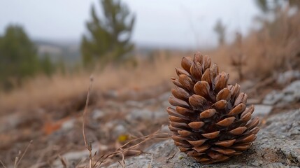 Fototapete - Close-up view of a single, brown pine cone resting on a rocky surface, with a blurred background of autumnal trees and a hazy sky. : Generative AI