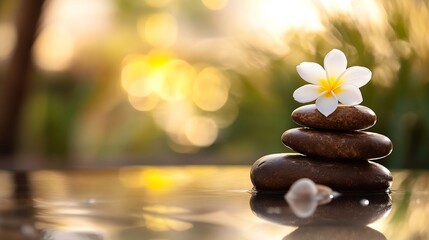 Poster - serene spa scene: a white plumeria flower rests atop a balanced stack of dark brown stones, floating