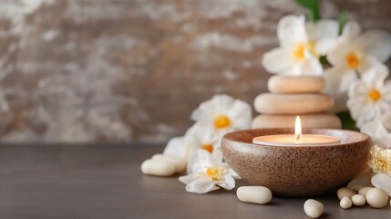 Aufkleber - Serene spa setting with lit candle in wooden bowl, smooth stones, and delicate white flowers, creating a peaceful and relaxing atmosphere. : Generative AI