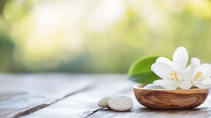 Aufkleber - Serene spa scene: white flowers in wooden bowl, smooth stones on rustic wood, blurred green background. : Generative AI