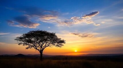 Poster - Silhouette of acacia tree at sunset in African savanna, vibrant orange and blue sky, peaceful landscape. : Generative AI