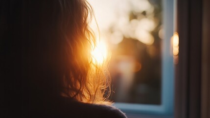 Aufkleber - Silhouette of a woman with curly hair, backlit by a warm sunset viewed through a window, creating a serene and peaceful mood. : Generative AI