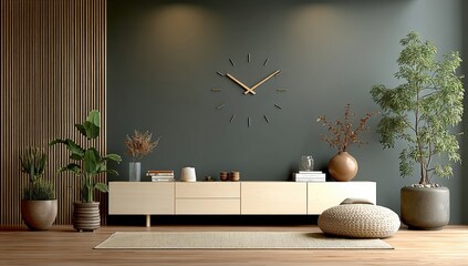 Poster - A modern living room with minimalist decor, indoor plants, a large wall clock, and natural light creating a cozy, stylish atmosphere.