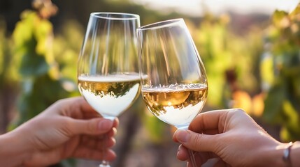 Poster - Two hands clinking glasses of crisp white wine, enjoying the sunset in a vineyard. Golden hour light illuminates the scene, creating a warm and celebratory atmosphere. : Generative AI