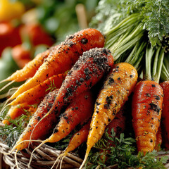 Aufkleber - A bunch of freshly harvested carrots, still covered in soil, sits in a rustic woven basket.  The vibrant orange hues contrast beautifully with the dark earth clinging to their skins.