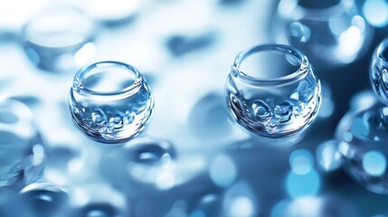 Poster - Close-up view of translucent spherical glass orbs filled with tiny bubbles, reflecting light in a serene blue hue, creating a calming and tranquil aesthetic. : Generative AI