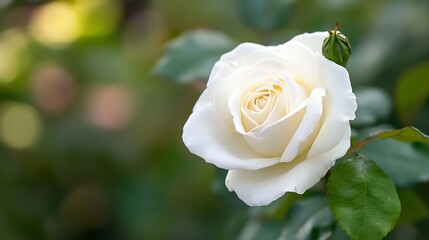 Aufkleber - Close-up view of a single, elegant white rose in bloom, showcasing its delicate petals and soft creamy color against a blurred green garden background. : Generative AI