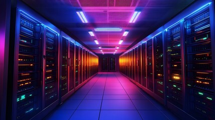 Poster - Interior view of a brightly lit server room.