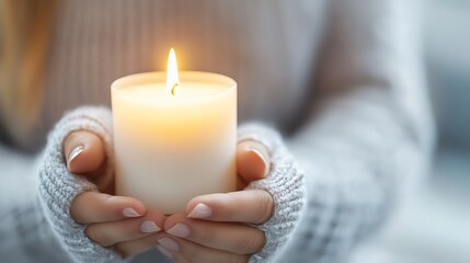 Aufkleber - Close-up of woman's hands in warm grey mittens gently holding a lit white candle, soft light illuminating the scene, peaceful and serene atmosphere. : Generative AI