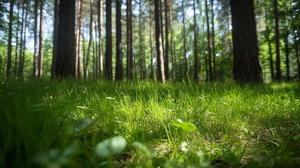 Poster - Sunlight filters through a dense pine forest, illuminating vibrant green grass in the foreground.  The tall trees create a shaded, tranquil atmosphere. : Generative AI