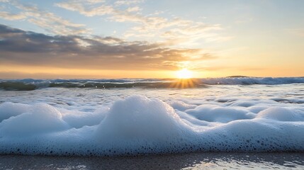 Aufkleber - Ocean wave foam close-up at sunset, showing textured white sea foam on a sandy beach with golden sunlight reflecting on the water. : Generative AI