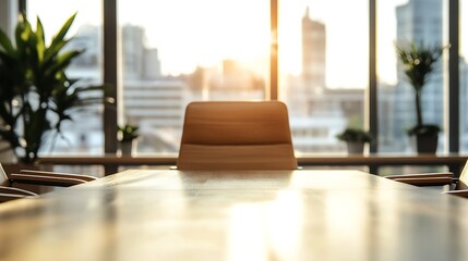 Fototapete - Empty conference table in modern office with city view, sunlight streaming through large window, showcasing minimalist design and calm atmosphere. : Generative AI