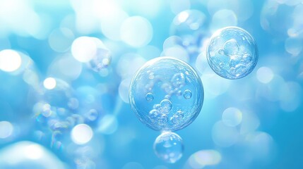 Poster - A soft blue bubbles background with transparent floating spheres reflecting light in a dreamy atmosphere.