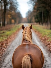 Aufkleber - Chestnut horse walking away on a forest path, autumn leaves on the ground, blurred background, rear view, long blonde mane and tail. : Generative AI