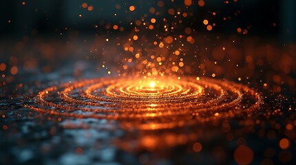 Poster - Orange spiral pattern abstract background with sparkling particles. Energy and power source visualization. Dynamic design element for futuristic and digital concepts.