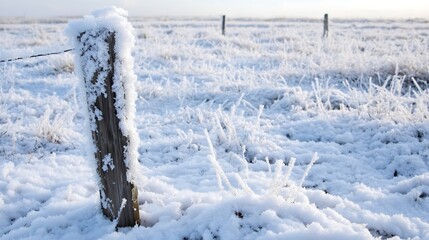 Aufkleber - A snow-covered wooden fence post stands in a frosty field, the snow clinging to the wood and grass, creating a serene winter landscape. : Generative AI