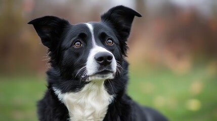 Poster - Portrait of a beautiful black and white border collie dog, looking up with attentive eyes, set against a softly blurred autumnal background of greens and browns. : Generative AI