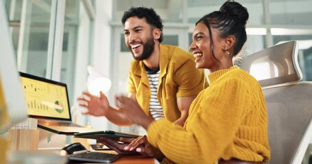 Poster - Happy people, tablet and laptop with high five for business success, statistics or winning at office. Excited man, woman or teamwork with technology for good news, review or analytics at workplace