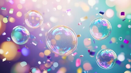 Poster - a sparkling party bubbles background with floating iridescent orbs and scattered confetti glows