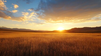 Aufkleber - Golden sunset over a vast, tranquil field of tall grass, silhouetted against distant mountains under a vibrant, colorful sky. : Generative AI