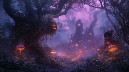 Poster - A spooky enchanted forest with glowing mushrooms, eerie mist, and shadowy creatures hiding behind twisted trees