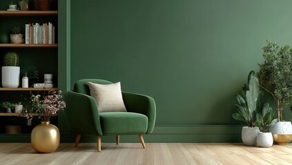 Poster - A modern green living room with an armchair, indoor plants, wooden shelves, and minimalist decor.