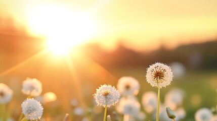Leinwandbilder - Dandelions bathed in the golden light of a sunset, their delicate seed heads illuminated, creating a serene and peaceful scene. : Generative AI