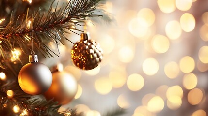 Aufkleber - Close-up of gold and silver christmas ornaments hanging on a decorated pine tree branch with warm bokeh lights in the background, creating a festive holiday atmosphere. : Generative AI