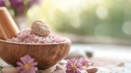 Leinwandbilder - Spa treatment scene with pink himalayan salt in wooden bowl, smooth stones, and delicate purple flowers, creating a serene and relaxing atmosphere. : Generative AI