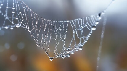 Leinwandbilder - Close-up of a spiderweb glistening with morning dew, showcasing intricate details and delicate water droplets hanging from the silken threads. : Generative AI