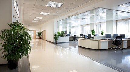 Poster - Modern office hallway with sleek design and bright lighting, showcasing a contemporary workspace with workstations and plants. : Generative AI