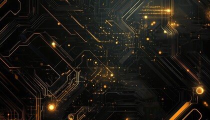 Leinwandbilder - Abstract Technological Circuit Board with Glowing Golden Lines Network System Engineering Design and Modern Futuristic Elements