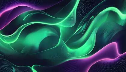 Aufkleber - Abstract Wavy Background Design with Green and Purple Glowing Lines and Dots Modern Art with Digital Rendered Wave Pattern and Futuristic Concept