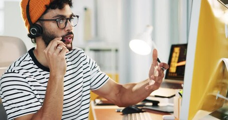 Poster - Call center, businessman and computer with notes for customer service, crm questions and talking. Office, male person and consultant at help desk for support, writing report and headset for feedback