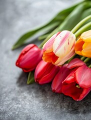 Poster - Close-up view of a vibrant bouquet of red, orange, and pink tulips resting on a gray textured surface.  The tulips are arranged casually, showcasing their delicate petals and stems. : Generative AI