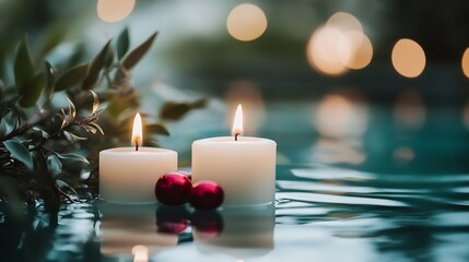 Fototapete - Two white candles float gently on teal water, illuminated by soft light, surrounded by green leaves and red ornaments, creating a serene and peaceful ambiance. : Generative AI