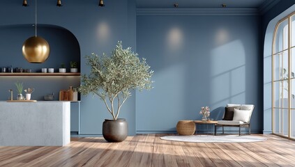 Poster - Modern living room with blue walls, stylish decor, large plant, cozy seating, and natural light from big windows.