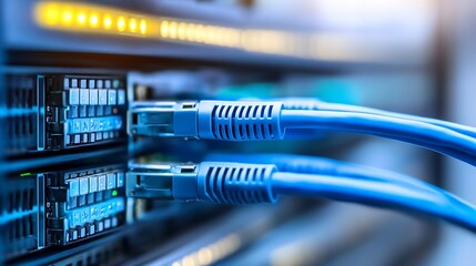 Poster - Close-up view of blue ethernet cables connected to a server rack, showcasing data center technology and network infrastructure. : Generative AI