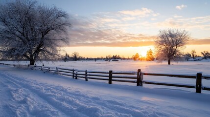 Poster - A picturesque winter sunset scene unfolds across a snow-covered field, with a rustic wooden fence meandering alongside a snow-dusted path, framed by frost-covered trees. : Generative AI