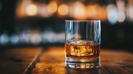 Fototapete - Single ice cube in amber whiskey glass sits on dark wood bar top, warm bokeh bar background. : Generative AI
